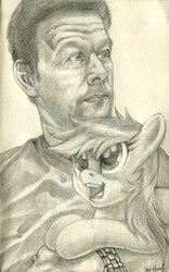 Size: 1808x2900 | Tagged: safe, artist:invalid-david, rainbow dash, pony, g4, bust, holding a pony, mark wahlberg, monochrome, pencil drawing, portrait, traditional art