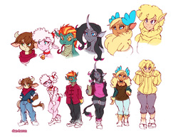 Size: 2500x1942 | Tagged: safe, artist:dan-heron, arizona (tfh), oleander (tfh), paprika (tfh), pom (tfh), tianhuo (tfh), velvet (tfh), alpaca, classical unicorn, cow, deer, dragon, hybrid, lamb, longma, reindeer, sheep, anthro, them's fightin' herds, :p, clothes, community related, fightin' six, height difference, horn, leonine tail, line-up, simple background, study, sweater, tongue out