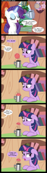 Size: 1053x3799 | Tagged: dead source, safe, artist:veggie55, rarity, twilight sparkle, pony, unicorn, g4, book, bookshelf, coffee, comic, cookie, food, glowing, glowing horn, horn, magic, telekinesis, unicorn twilight