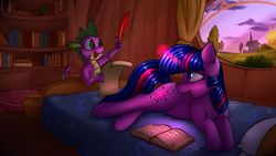 Size: 4000x2250 | Tagged: safe, artist:marsminer, spike, twilight sparkle, dragon, pony, unicorn, g4, bed, book, bookshelf, cloud, commission, duo, golden oaks library, high res, house, open mouth, pillow, prone, quill, scroll, smiling, tree, unicorn twilight, window