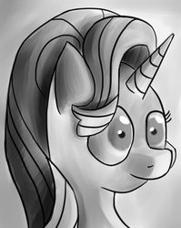Size: 1031x1296 | Tagged: safe, artist:itsthinking, starlight glimmer, pony, unicorn, g4, bust, female, gradient background, gray background, grayscale, mare, monochrome, portrait, shocked, shrunken pupils, simple background, solo