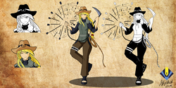 Size: 5950x2975 | Tagged: dead source, safe, artist:penspark, applejack, human, g4, absurd resolution, badass, clothes, cowboy hat, crossover, female, hat, humanized, kunoichi, kusarigama, looking at you, naruto, ninja, one eye closed, shinobi, sickle, solo, stetson, weapon, wink