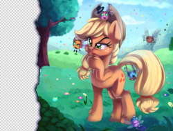 Size: 2000x1518 | Tagged: safe, artist:discorded, applejack, parasprite, pony, g4, breaking the fourth wall, confused, cowboy hat, cute, eyes closed, freckles, grass, hat, puzzled, raised hoof, sleeping, smiling, stetson, swing, swinging, thinking, tree