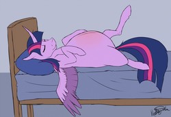 Size: 1280x874 | Tagged: safe, artist:mattsykun, twilight sparkle, alicorn, pony, g4, bed, belly, belly blush, big belly, curved horn, eyes closed, female, horn, mare, preglight sparkle, pregnant, raised leg, smiling, solo, twilight sparkle (alicorn)