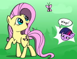 Size: 8576x6537 | Tagged: safe, artist:ravio-li, fluttershy, twilight sparkle, butterfly, pony, g4, absurd resolution, duo, looking back, missing horn, open mouth, raised hoof, simple background, smiling, wingless