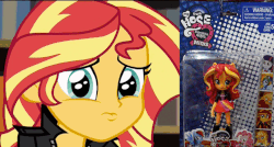 Size: 722x386 | Tagged: safe, sunset shimmer, equestria girls, g4, my little pony equestria girls: friendship games, animated, bootleg, doll, eye shimmer, female, gif, irl, lip quiver, looking at you, my fun hose, photo, sad, toy