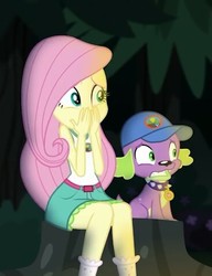 Size: 368x480 | Tagged: safe, screencap, fluttershy, spike, spike the regular dog, dog, equestria girls, g4, my little pony equestria girls: legend of everfree, camp everfree outfits, cap, clothes, hand over mouth, hat, scared, skirt, socks