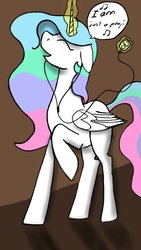 Size: 400x711 | Tagged: safe, artist:cupcakeseclipsed, princess celestia, alicorn, pony, g4, earbuds, female, floppy ears, happy, magic, mp3 player, open mouth, raised hoof, singing, smiling, solo, telekinesis, text, the magic inside