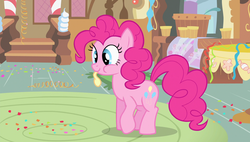 Size: 1920x1090 | Tagged: safe, screencap, pinkie pie, earth pony, pony, g4, balloon, blowing up balloons, female, intro, mare, solo, sugarcube corner