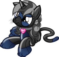 Size: 3105x3018 | Tagged: safe, artist:nxzc88, part of a set, oc, oc only, oc:midnight shadow, cat, pony, unicorn, animal costume, bell, bell collar, bondage, cat bell, clothes, collar, costume, gag, heart, high res, horn, horn ring, latex, latex suit, magic suppression, muzzle gag, pet play, pet tag, prone, simple background, solo, transparent background