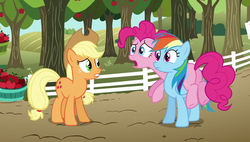 Size: 1920x1090 | Tagged: safe, screencap, applejack, pinkie pie, rainbow dash, earth pony, pegasus, pony, g4, the super speedy cider squeezy 6000, apple, basket, bushel basket, butt, female, food, mare, pinkie pie riding rainbow dash, plot, ponies riding ponies, riding, tree