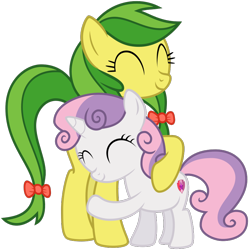 Size: 896x900 | Tagged: safe, artist:nano23823, apple fritter, sweetie belle, earth pony, pony, unicorn, g4, .svg available, ^^, apple family member, cutie mark, duo, duo female, eyes closed, female, filly, foal, hug, mare, simple background, svg, the cmc's cutie marks, transparent background, vector