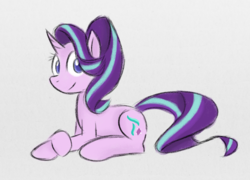 Size: 1408x1014 | Tagged: safe, artist:rozzertrask, starlight glimmer, pony, unicorn, g4, colored pupils, female, looking at you, prone, smiling, solo