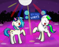 Size: 1024x819 | Tagged: safe, artist:mimicproductions, dj pon-3, vinyl scratch, oc, earth pony, pony, unicorn, g4, dancing, duo, eyes closed, male, open mouth, stallion
