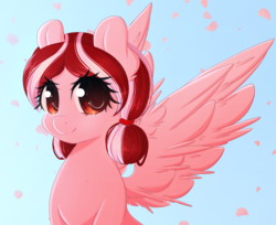 Size: 1280x1047 | Tagged: safe, artist:fluffymaiden, oc, oc only, oc:cherry blossom, pegasus, pony, cute, flower petals, looking at you, ocbetes, smiling, solo, spread wings