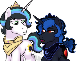 Size: 800x629 | Tagged: safe, artist:tambelon, oc, oc only, oc:prince eclipse, oc:prince nocturne, pony, unicorn, colt, cousins, male, offspring, parent:good king sombra, parent:king sombra, parent:princess celestia, parent:princess luna, parents:celestibra, parents:lumbra, simple background, solo, watermark, white background