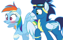Size: 3752x2416 | Tagged: safe, artist:linormusicbeatpone, edit, rainbow dash, soarin', pony, g4, newbie dash, blushing, clothes, cropped, duo, female, high res, male, ship:soarindash, shipping, simple background, straight, transparent background, uniform, vector, wonderbolts uniform