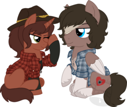 Size: 800x672 | Tagged: safe, artist:tambelon, pegasus, pony, unicorn, carl grimes, clothes, colt, crossover, ellie, female, filly, hat, male, ponified, shipping, shirt, straight, the last of us, the walking dead, video game, watermark