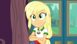 Size: 1920x1090 | Tagged: safe, screencap, applejack, equestria girls, g4, legend of everfree, camp everfree outfits, crossed arms, female, hatless, missing accessory, solo, wet hair