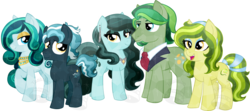 Size: 1280x569 | Tagged: safe, artist:tambelon, oc, oc only, oc:emerald hills, oc:larimar wish, oc:malachite swirl, oc:serpentine glitter, oc:turquoise drop, pony, clothes, family, female, jewelry, male, mare, siblings, stallion, watermark