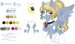 Size: 1024x606 | Tagged: safe, artist:tambelon, oc, oc only, oc:bedtime story, pegasus, pony, blaze (coat marking), coat markings, facial markings, female, jewelry, mare, pendant, piebald coat, ponysona, reference sheet, socks (coat markings), solo, watermark