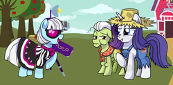 Size: 900x442 | Tagged: safe, artist:tambelon, granny smith, photo finish, rarity, earth pony, pony, g4, convention, female, mare, ponyville ciderfest, tabitha st. germain