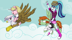 Size: 900x506 | Tagged: safe, artist:tambelon, gilda, sonata dusk, oc, oc:barley tender, oc:caramel malt, griffon, pegasus, pony, unicorn, equestria girls, g4, my little pony equestria girls: rainbow rocks, barmel, female, flying, happy, hat, male, mare, marÿke hendrikse, ponies riding griffons, riding, stallion, watermark