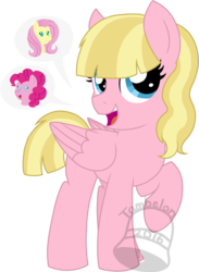 Size: 480x656 | Tagged: safe, artist:tambelon, fluttershy, pinkie pie, oc, pegasus, pony, g4, andrea libman, convention, female, mare, ponified, ponysona, watermark
