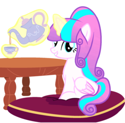 Size: 1308x1292 | Tagged: safe, artist:little903, princess flurry heart, alicorn, pony, g4, female, food, magic, older, pillow, simple background, sitting, smiling, solo, tea, transparent background