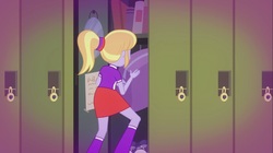 Size: 1100x618 | Tagged: safe, screencap, cloudy kicks, equestria girls, g4, music to my ears, my little pony equestria girls: rainbow rocks, bag, book, boots, clothes, high heel boots, lockers, mirror, raised leg, rear view, shoes, sneakers