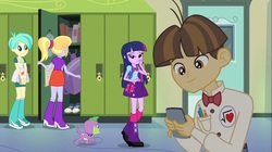 Size: 1100x618 | Tagged: safe, screencap, cloudy kicks, spike, tennis match, twilight sparkle, wiz kid, dog, equestria girls, g4, my little pony equestria girls, backpack, badge, bag, bedroom eyes, book, boots, bowtie, bracelet, clothes, door, high heel boots, iphone, jewelry, lockers, mirror, pen, shoes, skirt, sneakers, spike the dog, tennis ball