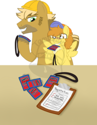 Size: 522x669 | Tagged: safe, artist:tambelon, oc, oc only, oc:hoof work, oc:mustard mark, pony, badge, bandaid, bandaid on nose, brothers, clipboard, colt, convention, hat, male, siblings, stallion, watermark