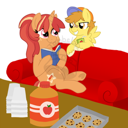 Size: 700x700 | Tagged: safe, artist:tambelon, oc, oc only, oc:deep dish, oc:mustard mark, pegasus, pony, unicorn, bandaid, bandaid on nose, book, colt, convention, cookie, couch, female, food, hat, juice, juice box, male, mare, watermark