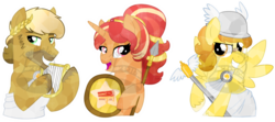 Size: 900x399 | Tagged: safe, artist:tambelon, oc, oc only, oc:deep dish, oc:hoof work, oc:mustard mark, crystal pony, earth pony, pegasus, pony, unicorn, clothes, colt, convention, crystallized, dishoof, female, hat, jewelry, lyre, male, mare, musical instrument, shield, spear, stallion, watermark, weapon