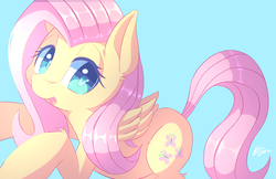 Size: 1190x770 | Tagged: safe, artist:kawaiipony2, fluttershy, pegasus, pony, g4, cute, female, hnnng, looking at you, mare, open mouth, shyabetes, simple background, smiling, solo