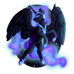 Size: 3500x3500 | Tagged: safe, artist:micky-ann, nightmare moon, alicorn, pony, g4, eyeshadow, female, helmet, high res, makeup, mare, raised hoof, rearing, smiling, solo, spread wings