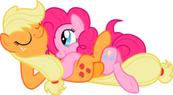 Size: 1750x958 | Tagged: safe, artist:storfulsten, applejack, pinkie pie, pony, g4, cuddling, eyes closed, female, lesbian, on back, ship:applepie, shipping, simple background, smiling, transparent background