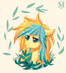 Size: 904x1000 | Tagged: safe, artist:margony, oc, oc only, earth pony, pony, art trade, ear piercing, female, leaf, lidded eyes, mare, piercing, smiling, solo