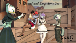 Size: 1920x1080 | Tagged: safe, artist:kmg0047, cloudy quartz, limestone pie, marble pie, maud pie, anthro, g4, 3d, bra, clothes, cosplay, costume, crate, dress, high heels, maid, pants, pantyhose, skirt, skirt lift, stockings, thigh highs, underwear