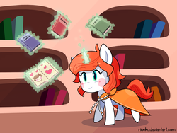 Size: 800x601 | Tagged: safe, artist:riouku, oc, oc only, oc:joyful sunrise, pony, unicorn, book, bookshelf, cloak, clothes, commission, cute, female, glowing horn, golden oaks library, horn, magic, mare, ocbetes, smiling, solo