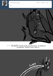 Size: 666x950 | Tagged: safe, artist:egophiliac, discord, moonstuck, g4, ask, exclamation point, grayscale, interrobang, interrobang (glyph), male, monochrome, question mark, solo, tumblr