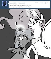 Size: 666x761 | Tagged: safe, artist:egophiliac, princess celestia, princess luna, alicorn, pony, moonstuck, g4, ask, cartographer's element of courage, celestia is not amused, female, filly, glare, luna is not amused, mare, monochrome, partial color, pink-mane celestia, tumblr, woona, younger