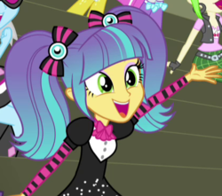 Size: 417x368 | Tagged: safe, screencap, cherry crash, diamond tiara, photo finish, pixel pizazz, silver spoon, equestria girls, g4, my little pony equestria girls: rainbow rocks, boots, bowtie, cherry, clothes, cropped, ear piercing, earring, fingerless gloves, food, gloves, high heel boots, jewelry, piercing