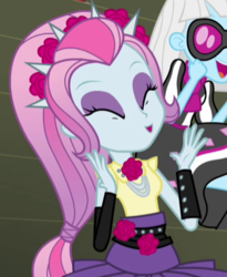 Size: 363x443 | Tagged: safe, screencap, photo finish, violet blurr, equestria girls, g4, my little pony equestria girls: rainbow rocks, cropped, eyes closed, flower, glasses, rose