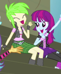 Size: 290x351 | Tagged: safe, screencap, cherry crash, mystery mint, pixel pizazz, equestria girls, g4, my little pony equestria girls: rainbow rocks, bleachers, bracelet, cherry, clothes, cropped, ear piercing, earring, eyes closed, fingerless gloves, food, gloves, jewelry, piercing, scarf