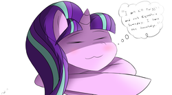 Size: 2000x1100 | Tagged: safe, artist:the4thhomunculus, starlight glimmer, pony, unicorn, g4, :3, blushing, eyes closed, female, simple background, sleeping, smiling, solo, thought bubble, white background, x3