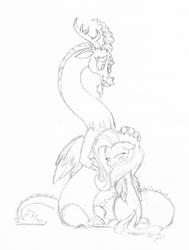 Size: 1503x1991 | Tagged: safe, artist:fluffygriffonbutt, discord, fluttershy, draconequus, pegasus, pony, g4, clean, female, hug, male, ship:discoshy, shipping, sketch, straight