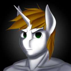 Size: 1024x1024 | Tagged: safe, artist:paburrito, oc, oc only, oc:pr, unicorn, anthro, angry, anthro oc, gradient background, looking at you, male, serious, serious face, solo, stallion