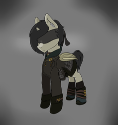 Size: 2005x2113 | Tagged: safe, artist:syntiset, oc, oc only, oc:schurl miller, bat pony, pony, 9s, bandage, bat wings, clothes, crossover, dress, high res, leotard, male, nier, nier: automata, pants, ponified, simple background, stallion