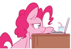 Size: 1979x1381 | Tagged: safe, artist:akainu_pony, pinkie pie, earth pony, pony, g4, :<, annoyed, bendy straw, computer, computer mouse, cup, cute, desk, diapinkes, drinking straw, female, frown, glare, laptop computer, leaning, mare, simple background, sitting, solo, table, unamused, white background